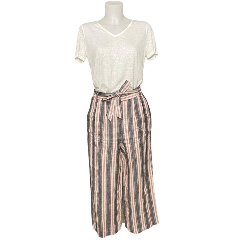 FRAME LINEN WIDE STRIPED BELTED CROPPED PANTS flowy,‎ stretchy waist sz 6